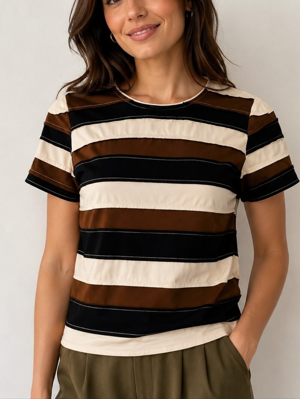STRUT & BOLT Striped Colorblock Patchwork Short Sleeve Top Brown, Black & Cream
